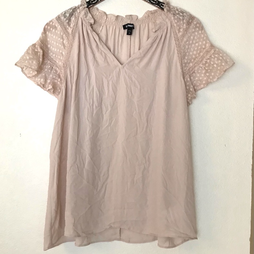 Express Women's Beige Top, lace shoulders, size large